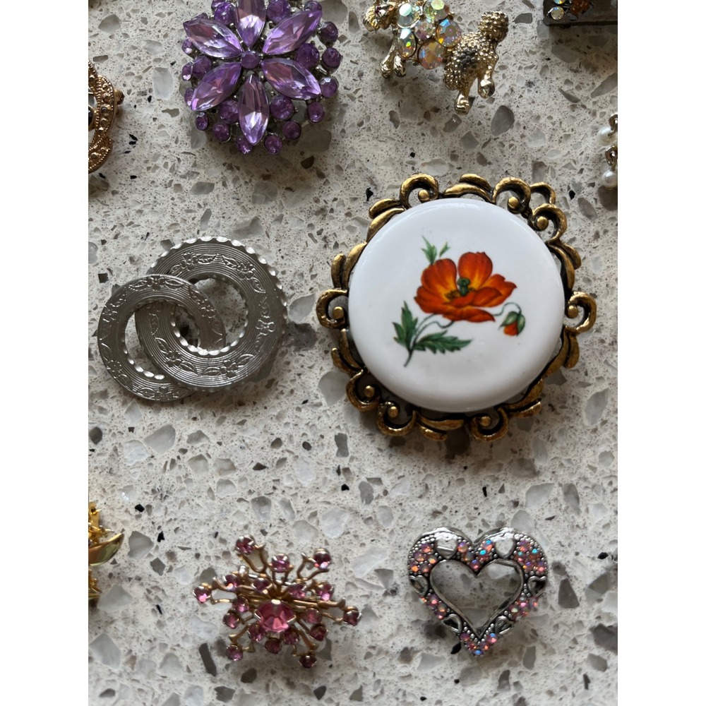 Vintage Brooch Lot 17pc Rhinestone Pearl Floral Porcelain Heart Poodle Pins - Picture 6 of 7